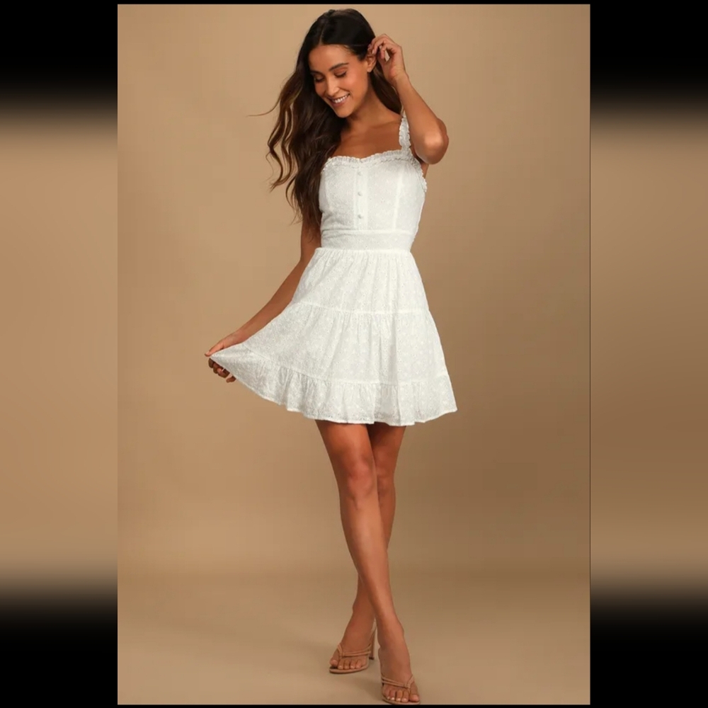 Lulus Picnic Perfection White Eyelet Embroidered Ruffled Mini Dress NWT Size M